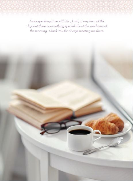 inside page has a photo of morning coffee and quote