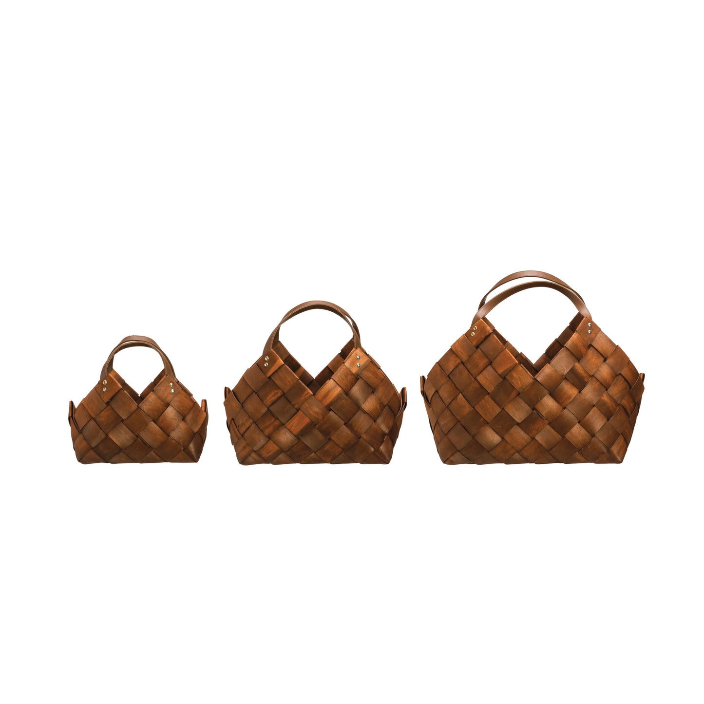 all three sizes of woven baskets with handles on a white background