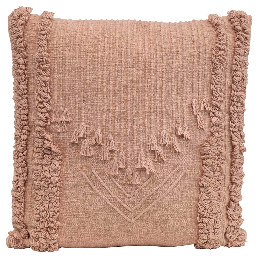 applique and fringe pillow is all pink and displayed against a white background