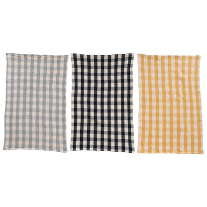 gray, black, and yellow checked cotton waffle weave tea towel displayed against a white background