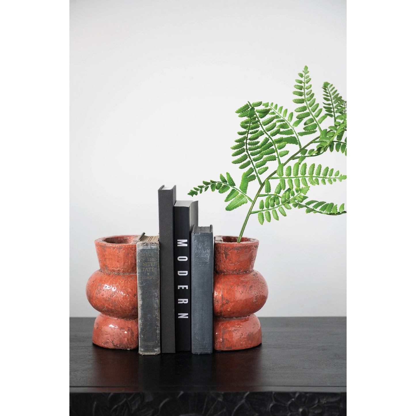 2 bookends with books between them, one bookend has a fern sten in it.