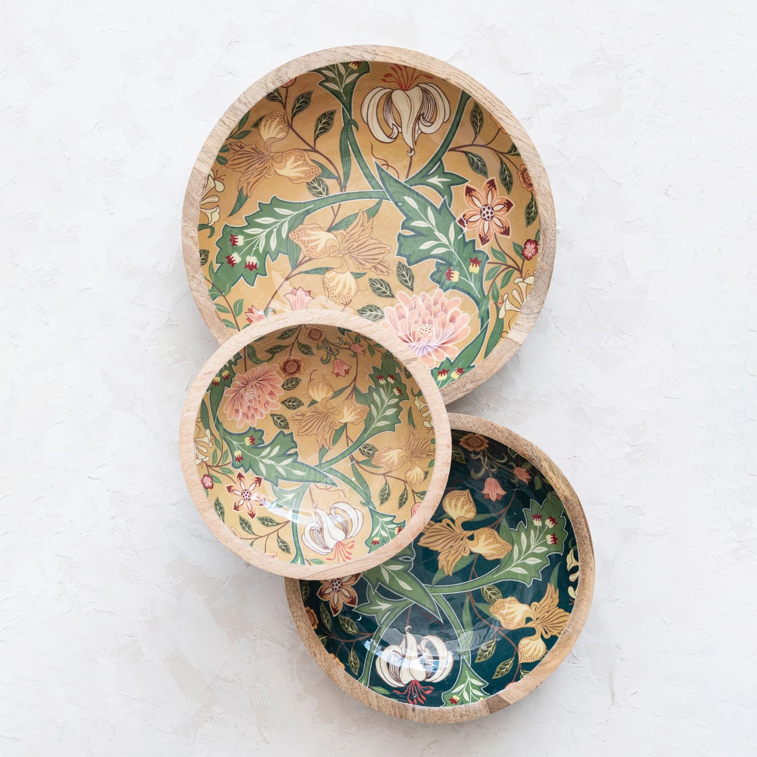 Creative Co-op - Floral Enameled Mango Wood Bowls