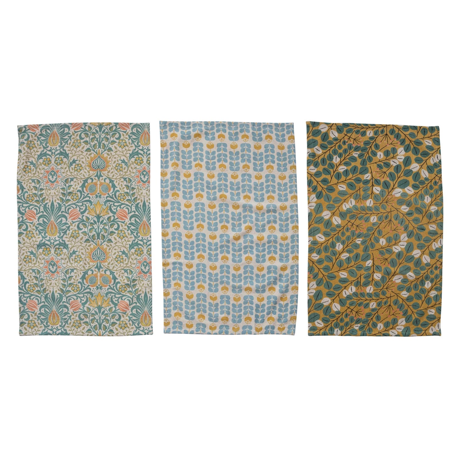 all three styles of botanical pattern cotton tea towels displayed against a white background