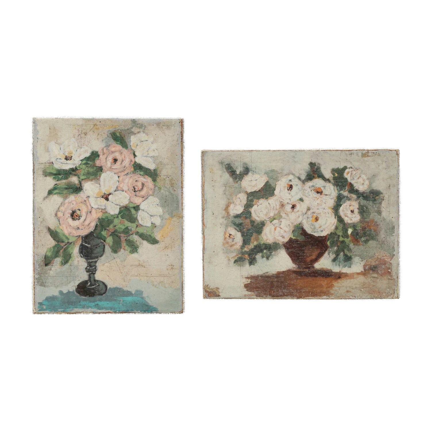 2 floral canvas painting, 1 is vertical with pink and flowers in a black stemmed vase, the other has a brown vase filled with white flowers.