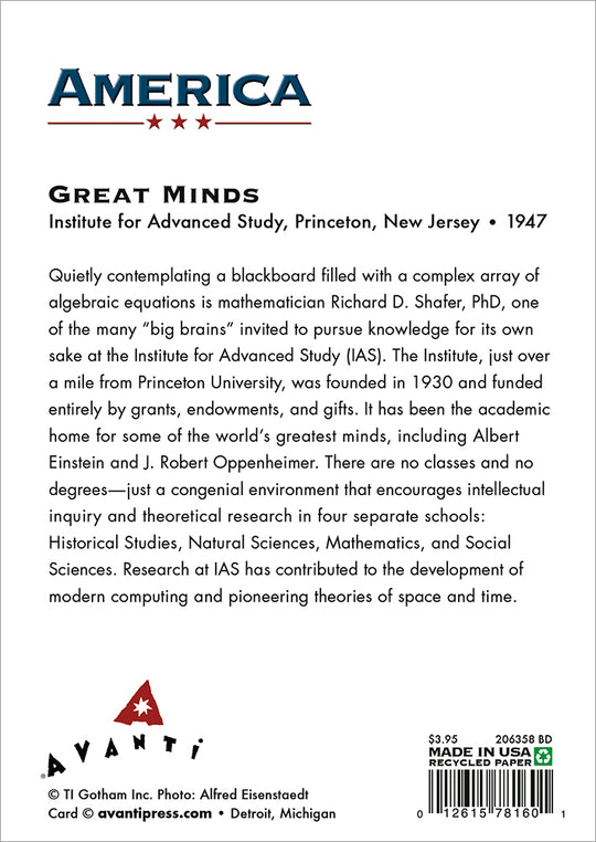 back of card gives some historical context to the man starring at a blackboard