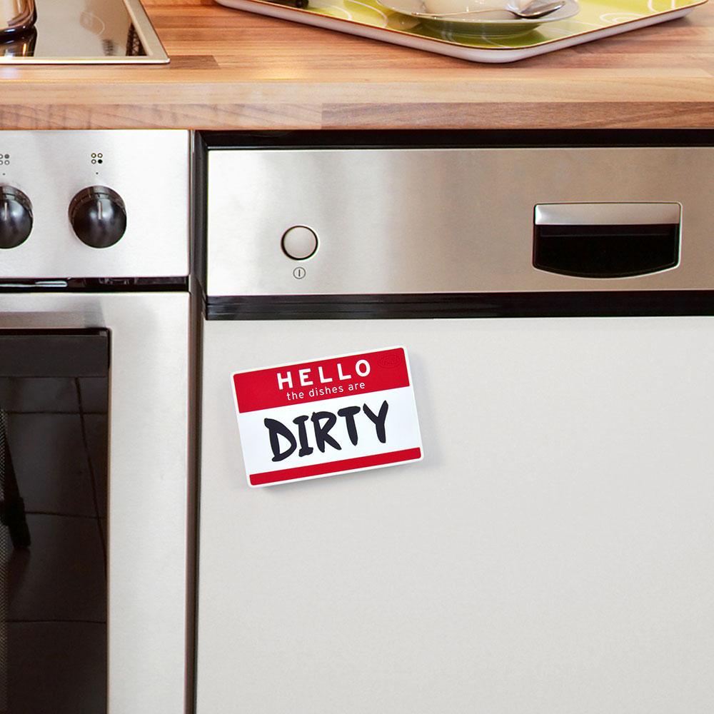flipside dishwasher sign displayed on the front of a dishwasher in a kitchen