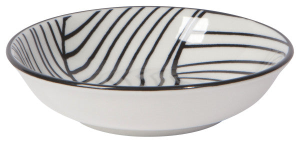 off-white bowl with long black lines.