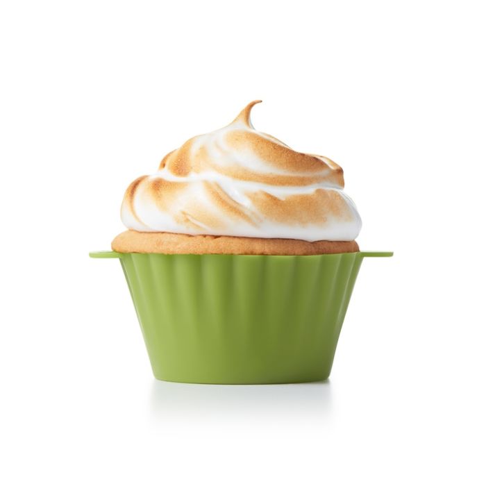 baking cup with iced cupcake in it.
