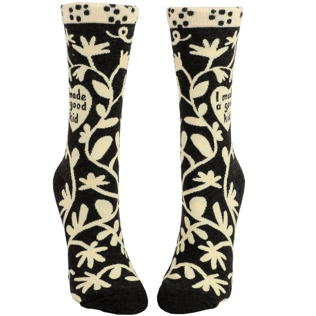 front view of i made a good kid crew socks on a white background