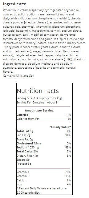 Nutrition facts and ingredient list. For more information call 501-327-2182.