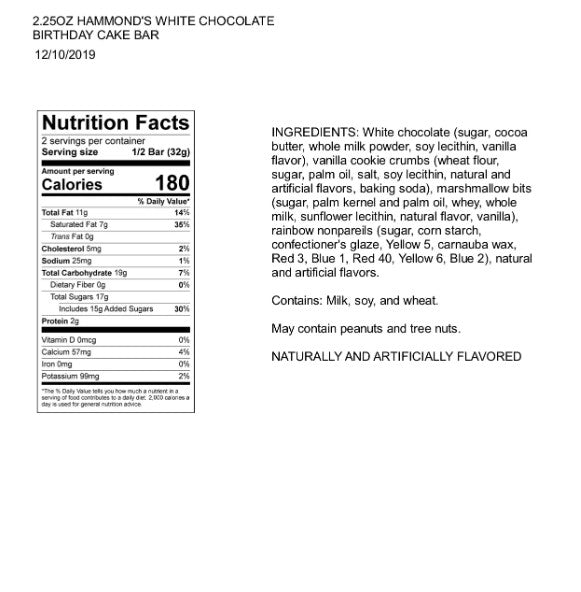 Nutrition facts and ingredient list. For more information call 501-327-2182.