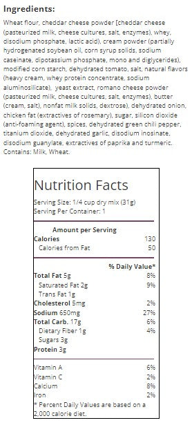 Nutrition facts and ingredient list. For more information call 501-327-2182.