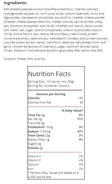 Nutrition facts and ingredient list. For more information call 501-327-2182.