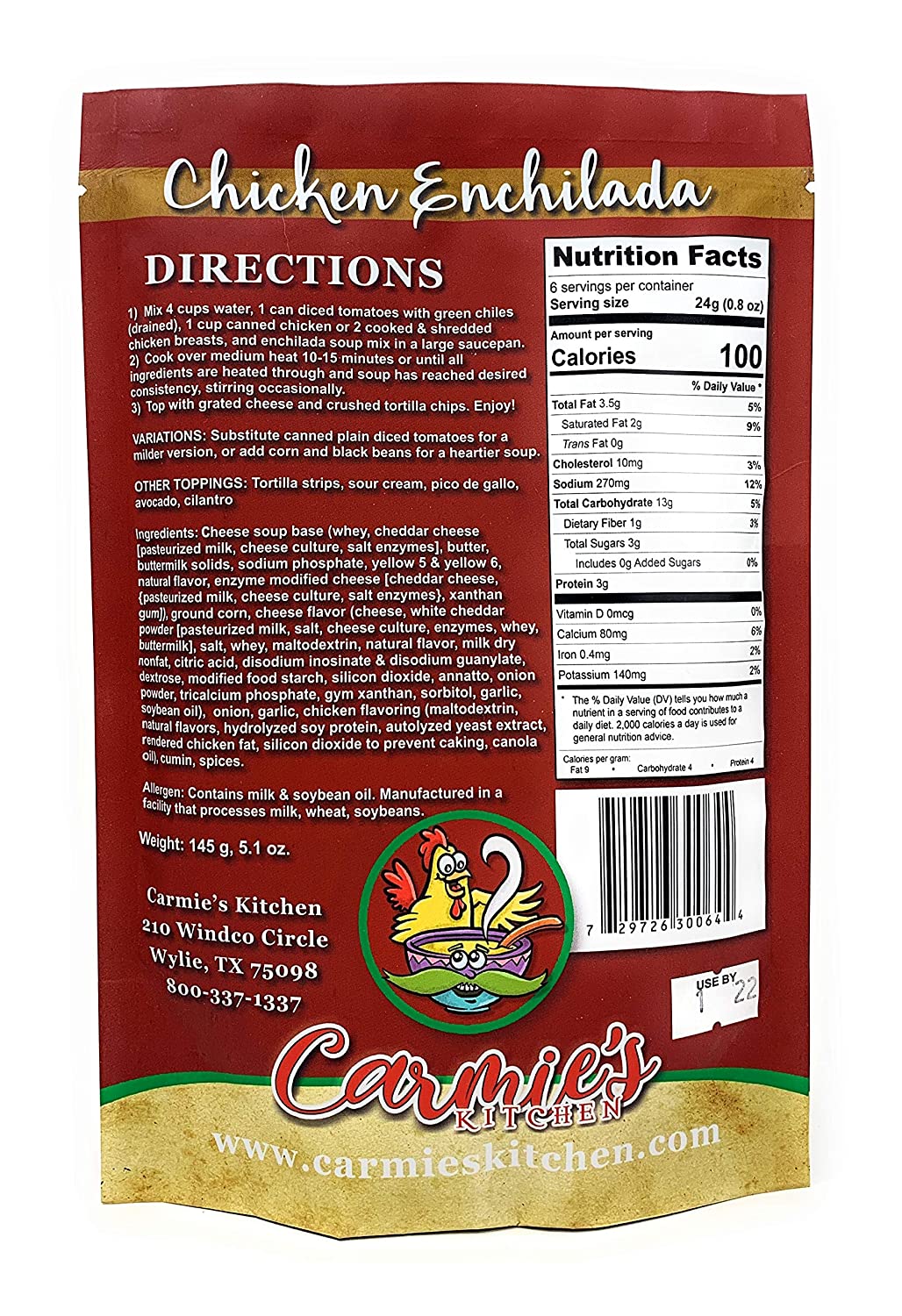 Nutrition facts and ingredients on the back of the package. For more information call 501-327-2182.
