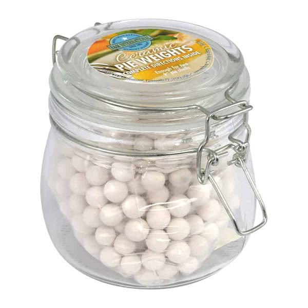 glass jar with latch filled with ceramic pie weights.