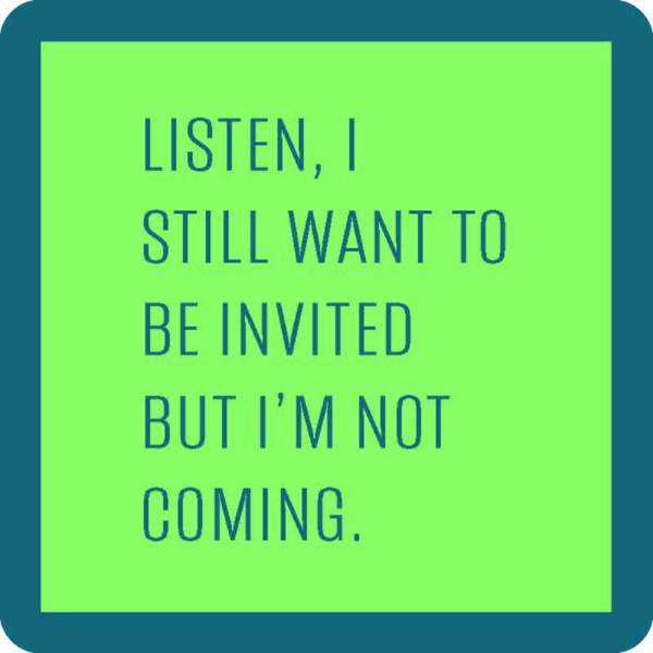 lime green coaster with blue boarder and blue text