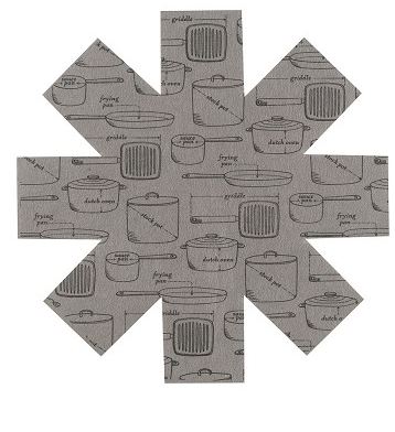 grey pan protector with graphics of pots and pans on it.