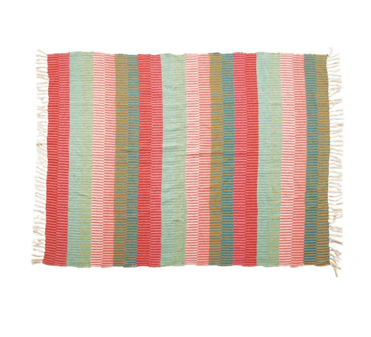 recycled cotton blend striped throw with tassels open on a white background