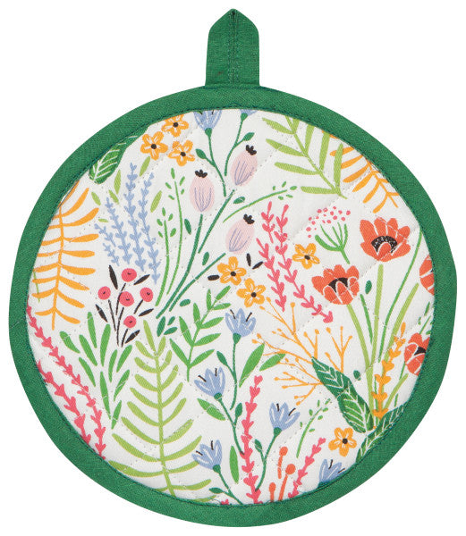off-white pot holder with assorted colorful flowers and greenery and bright green trim.