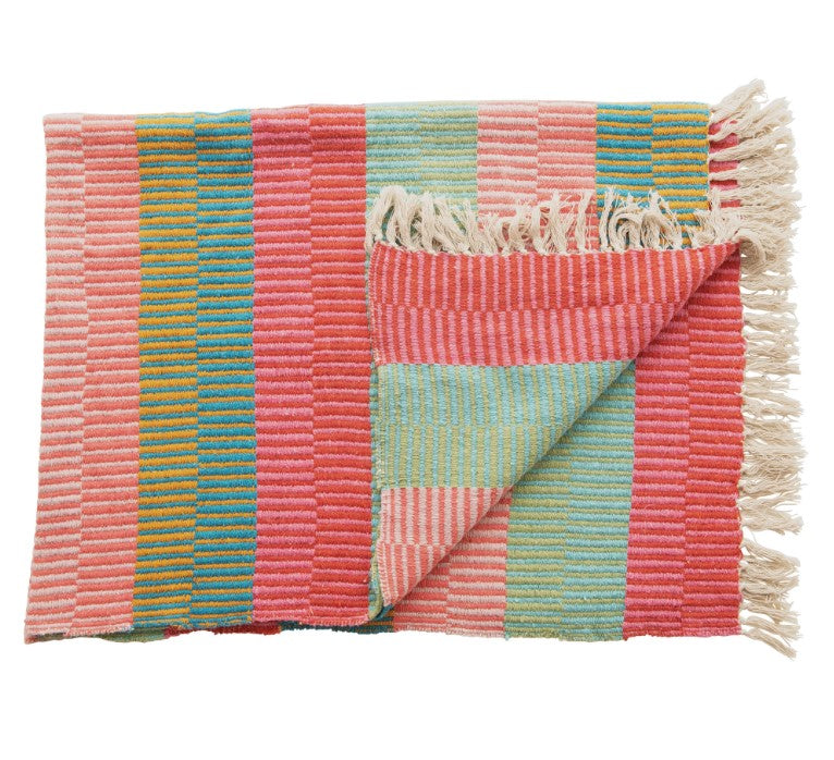 recycled cotton blend striped throw with tassels folded against a white background
