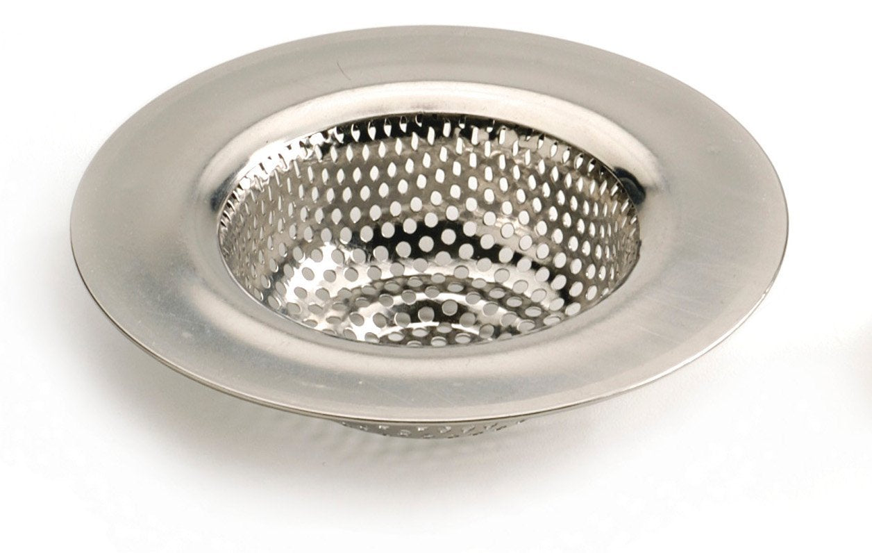stainless steel sink strainer on white background.