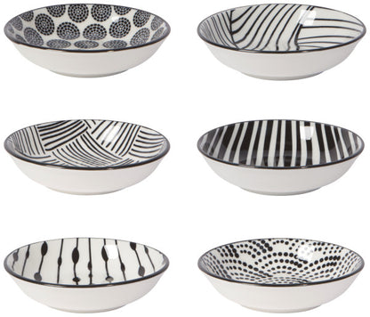 6 small bowls with black and white patterns.