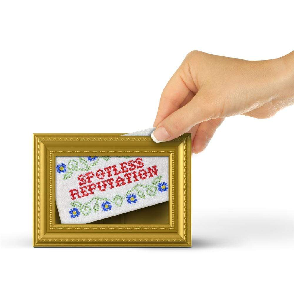 a woman placing a subversive sponge into the frame on a white background