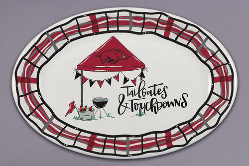 arkansas razorbacks tailgate and touchdown bbq platter on a gray background