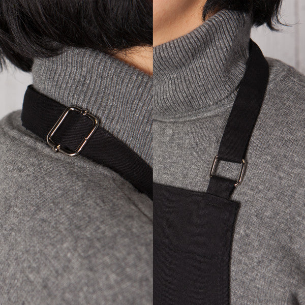 close-up of apron buckles.