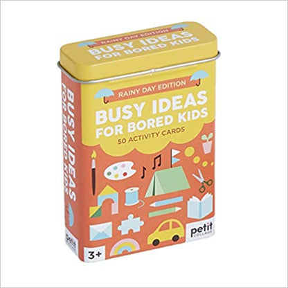 yellow and orange "busy ideas for bored kids"  tin box.