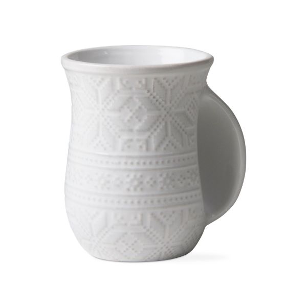 white mug with raised sweater design and integrated handle for keeping hand warm.