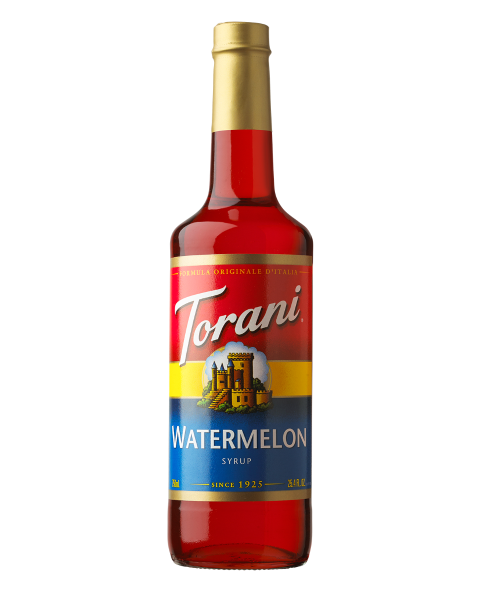 glass bottle of torani watermelon syrup
