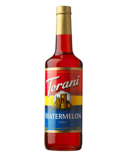 glass bottle of torani watermelon syrup