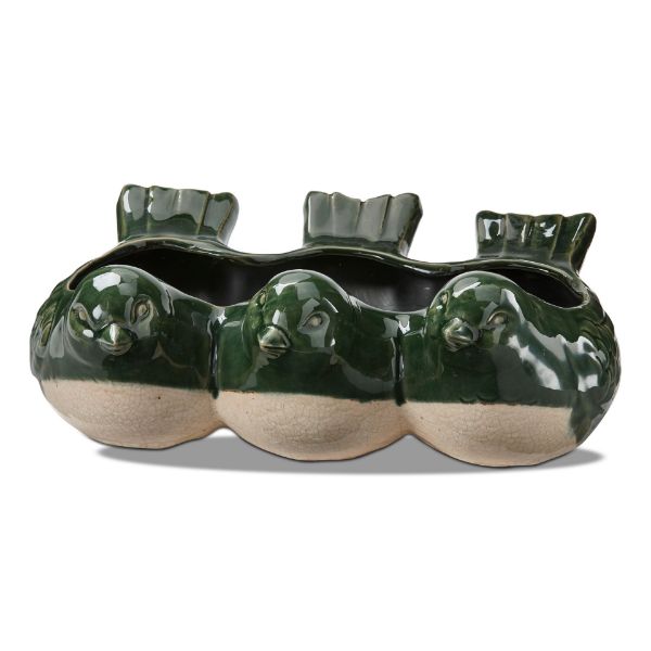 terracotta planter shaped as 3 birds with an opening all along the top for planting.