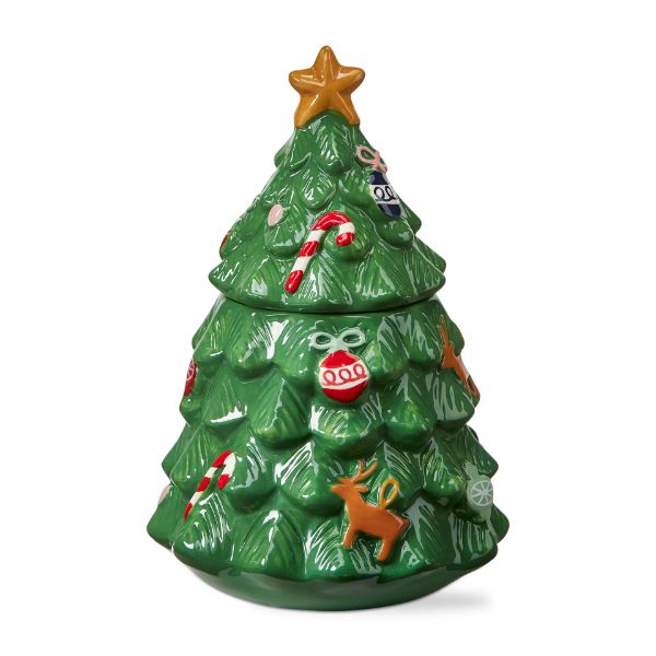 green tree shaped coolie jar with colorful ornaments on it.