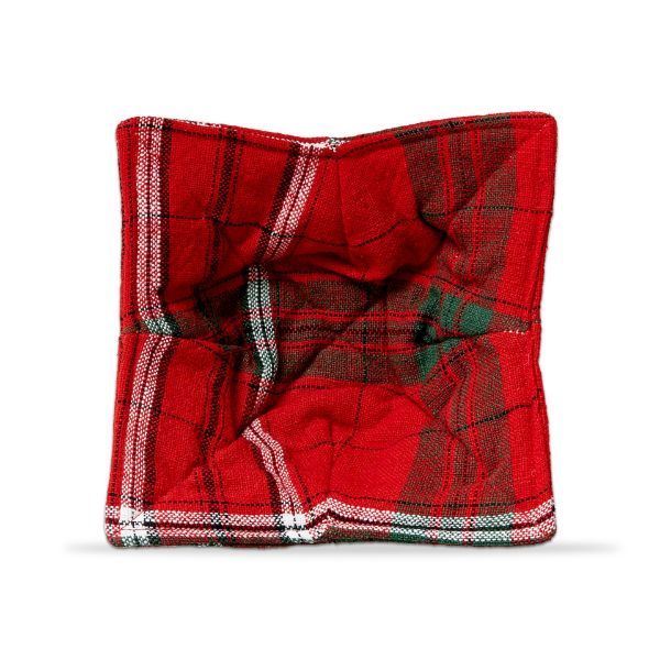 top view of a red, white, and green plaid bowl cozy.