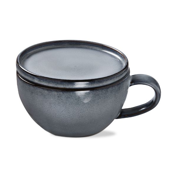 blue logan soup mug with lid on it on a white background.
