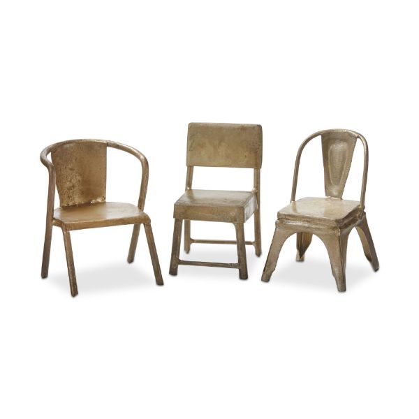 3 styles of tiny chairs in a row on a white background.