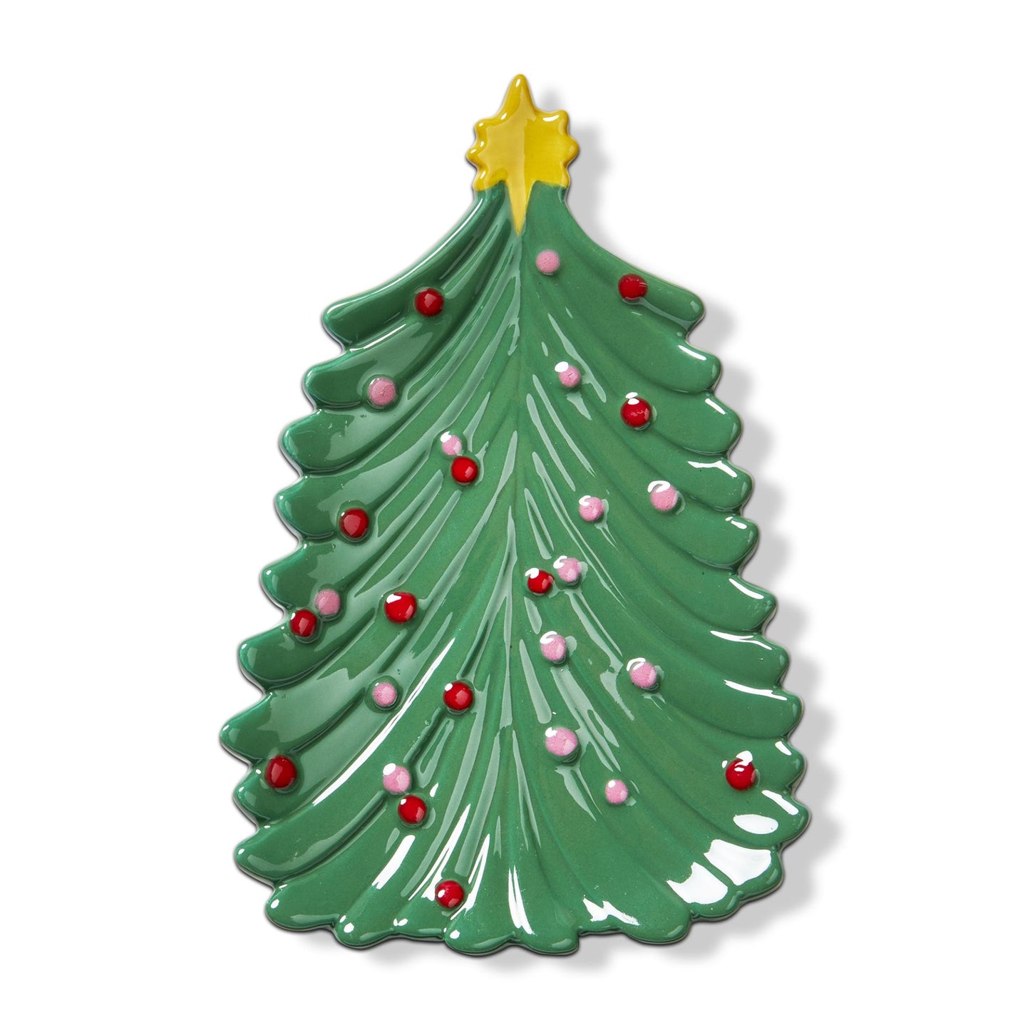 green tree shaped plate with pink and red ornaments and a yellow star on top.