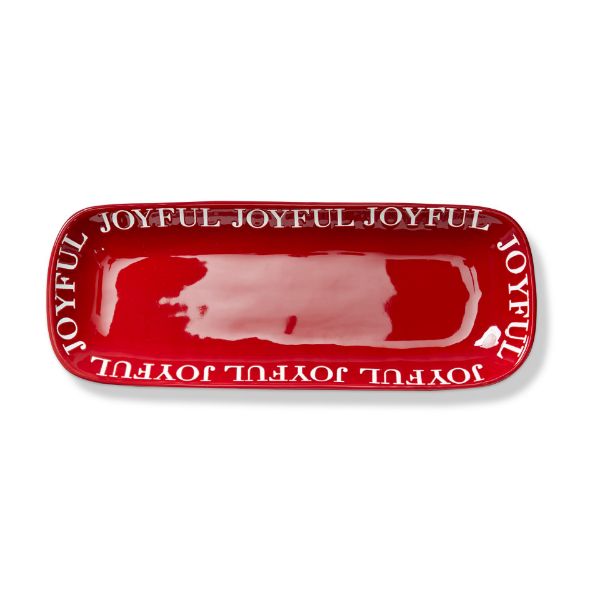 rectangular red platter with curved corners and "joyful" printed around the rim 8 times in white.