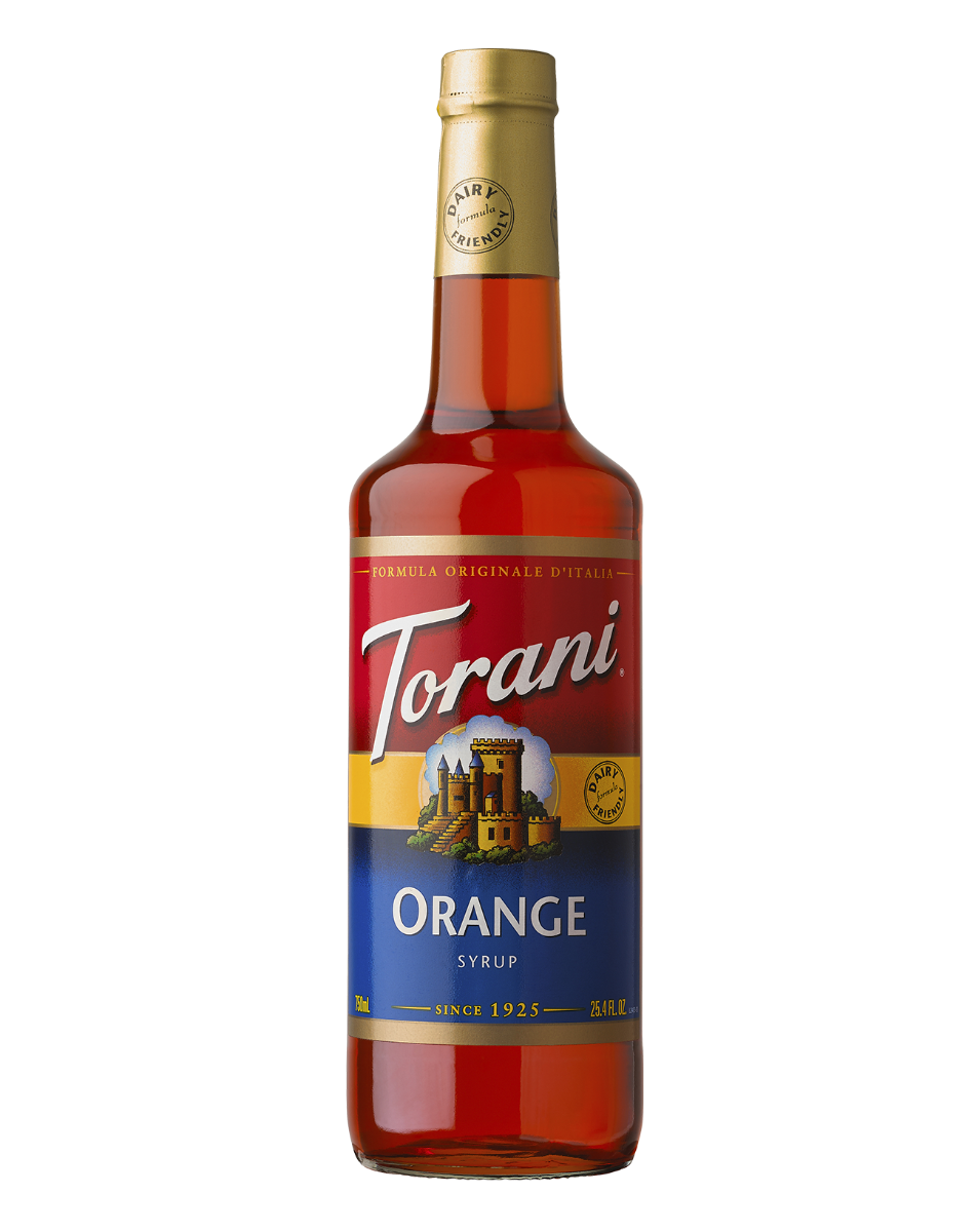 glass bottle of torani syrup flavor orange