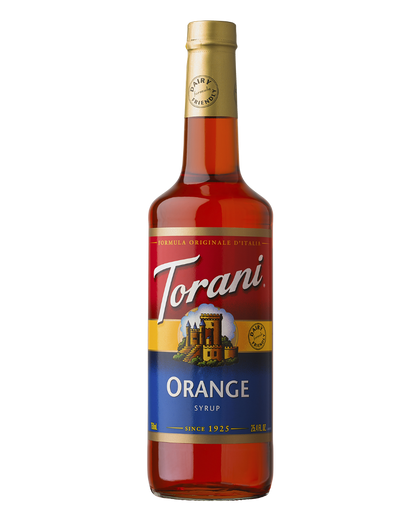 glass bottle of torani syrup flavor orange