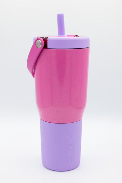 cotton candy pink and purple tumbler with lid and swing handle on top