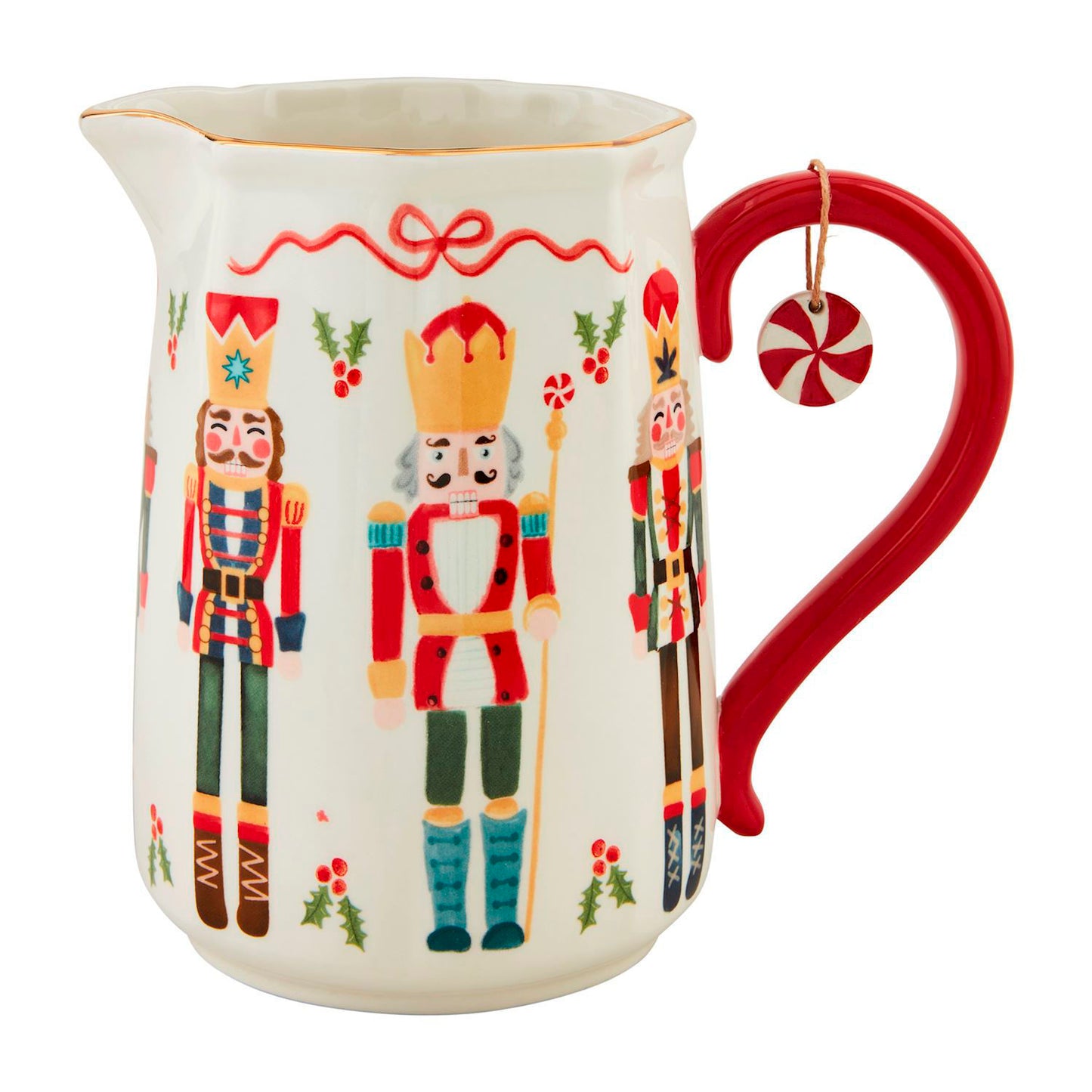 creamy white pitcher with nutcrackers and holly painted on it.