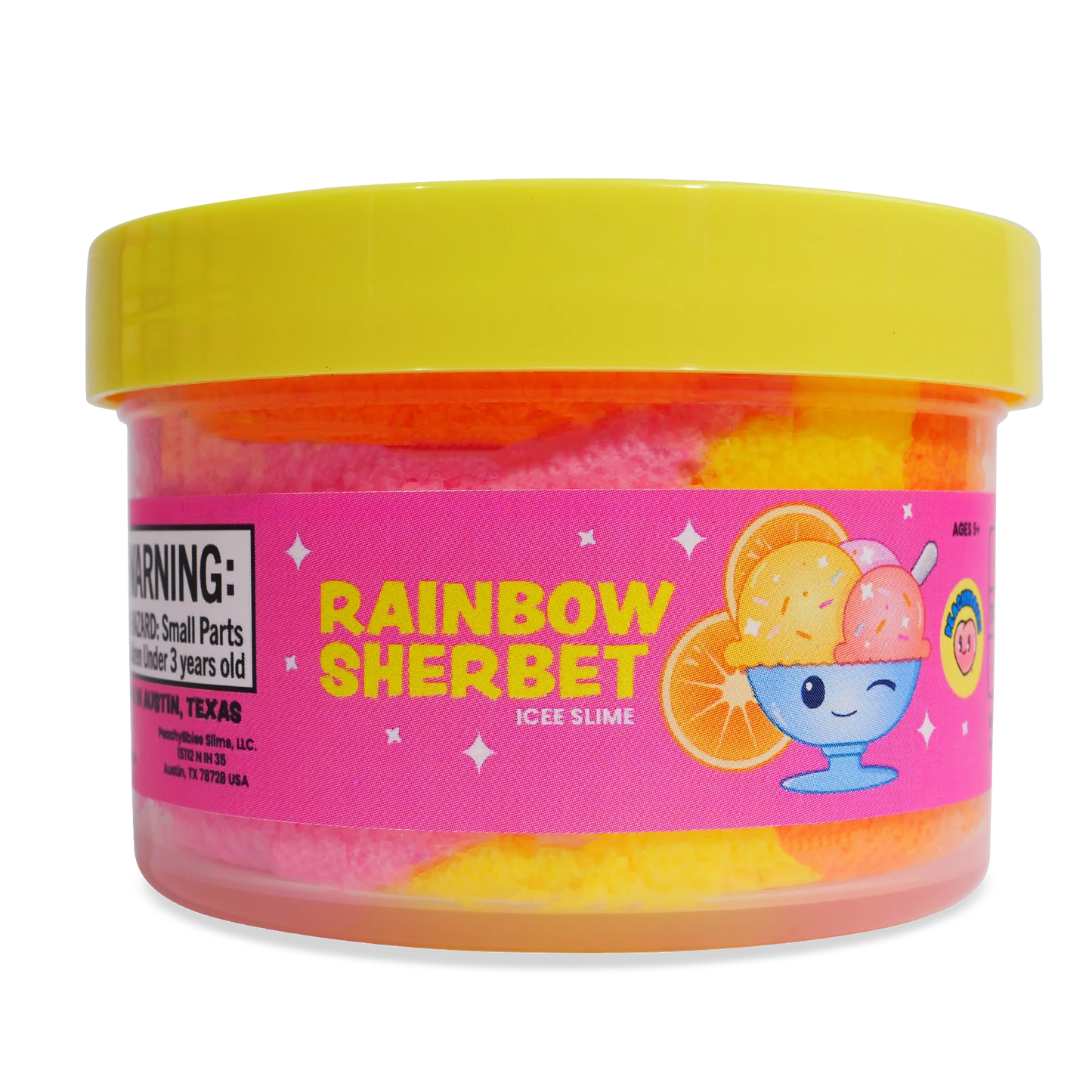 side view of jar of rainbow sherbet slime