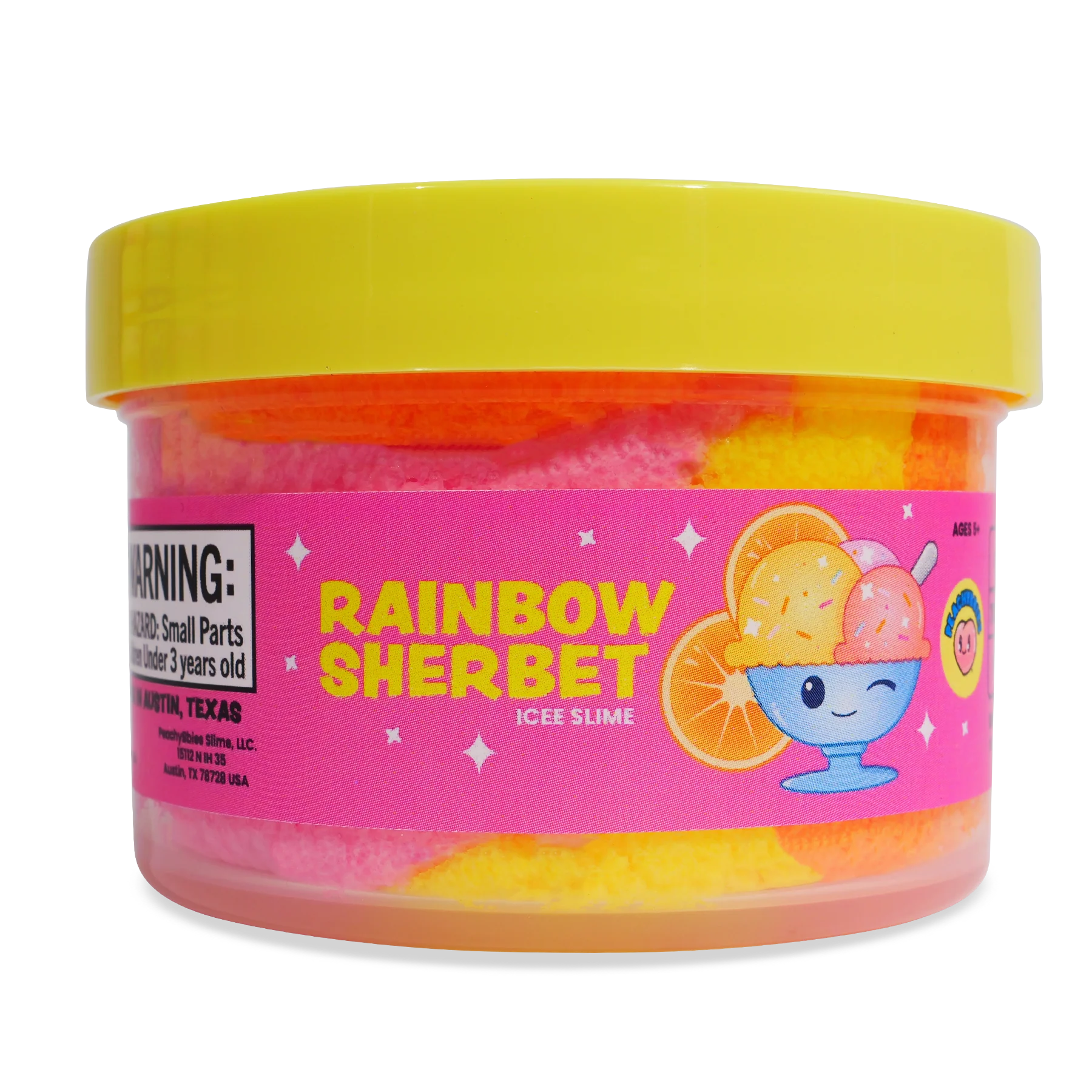 side view of jar of rainbow sherbet slime
