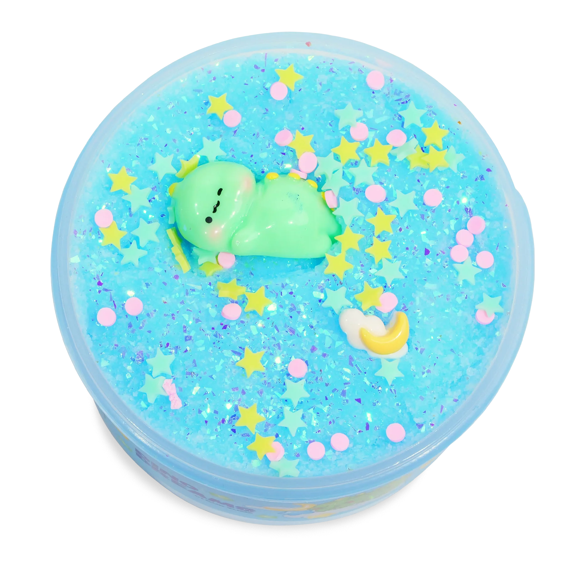 top view of jar of dino dreams slime with sprinkles on top. this is not food