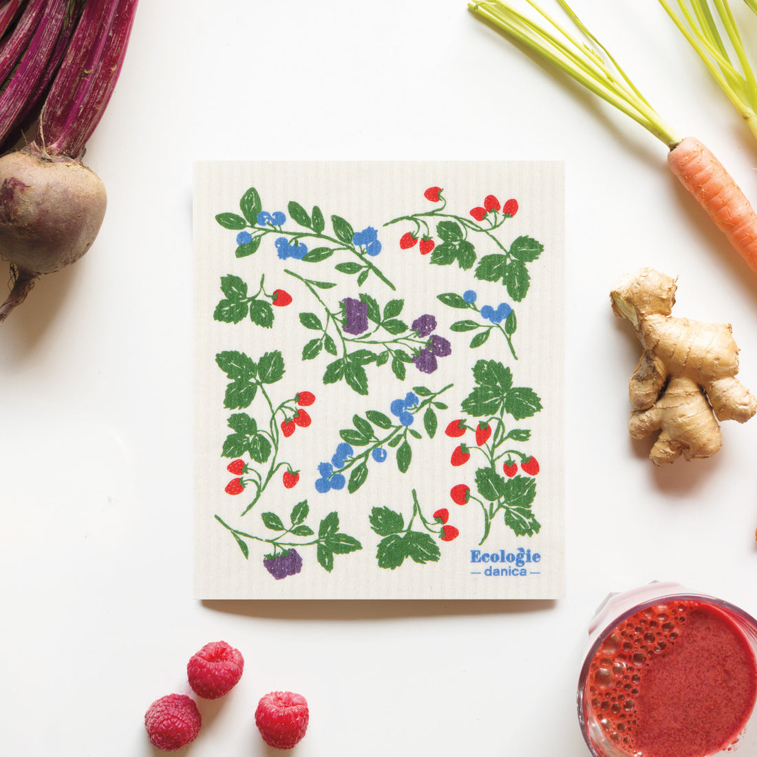 berry dishcloth on a table with produce