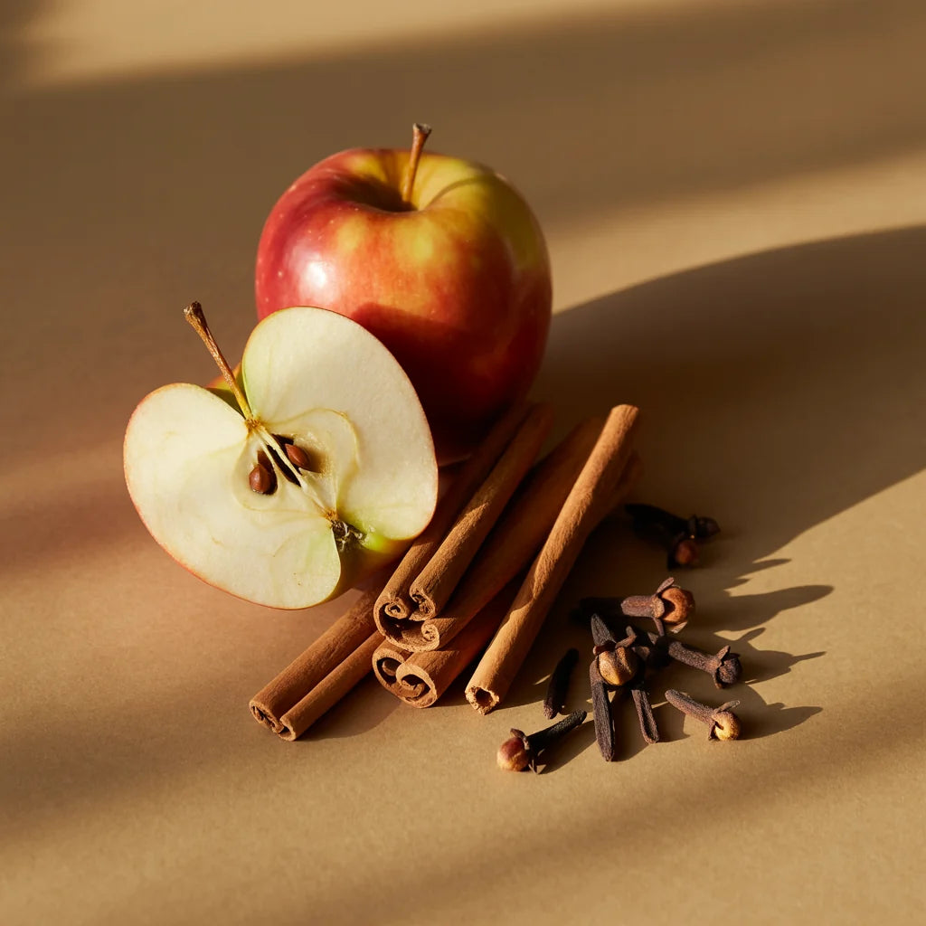sliced apple, cinnamon sticks, and cloves arranged on a light brown surface