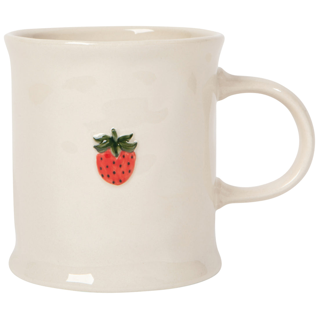 white mug with an embossed red strawberry on it